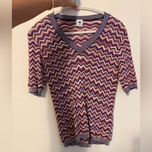 M by Missoni V-Neck Zigzag Short-Sleeve Sweater in Purple, Pink and Cream